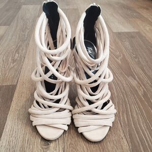 Giuseppe Zanotti 37.5 Beige Nude Strappy Sandal Suede Stiletto Back Zipper